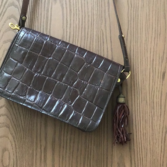 Brahmin brown leather shoulder bag croc print, adjust strap tassel, sz M Mint - Picture 3 of 13